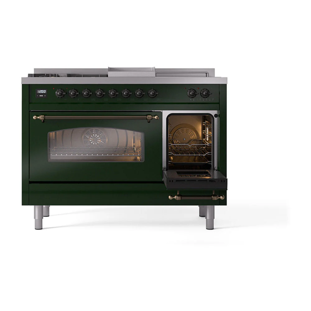 ILVE Nostalgie II 48-Inch Natural Gas Dual Fuel Range with 5 Burners, Griddle, & French Top with Triple Glass Door Oven in Emerald Green with Bronze Trim (UP48FSNMPEGB) - Image 7