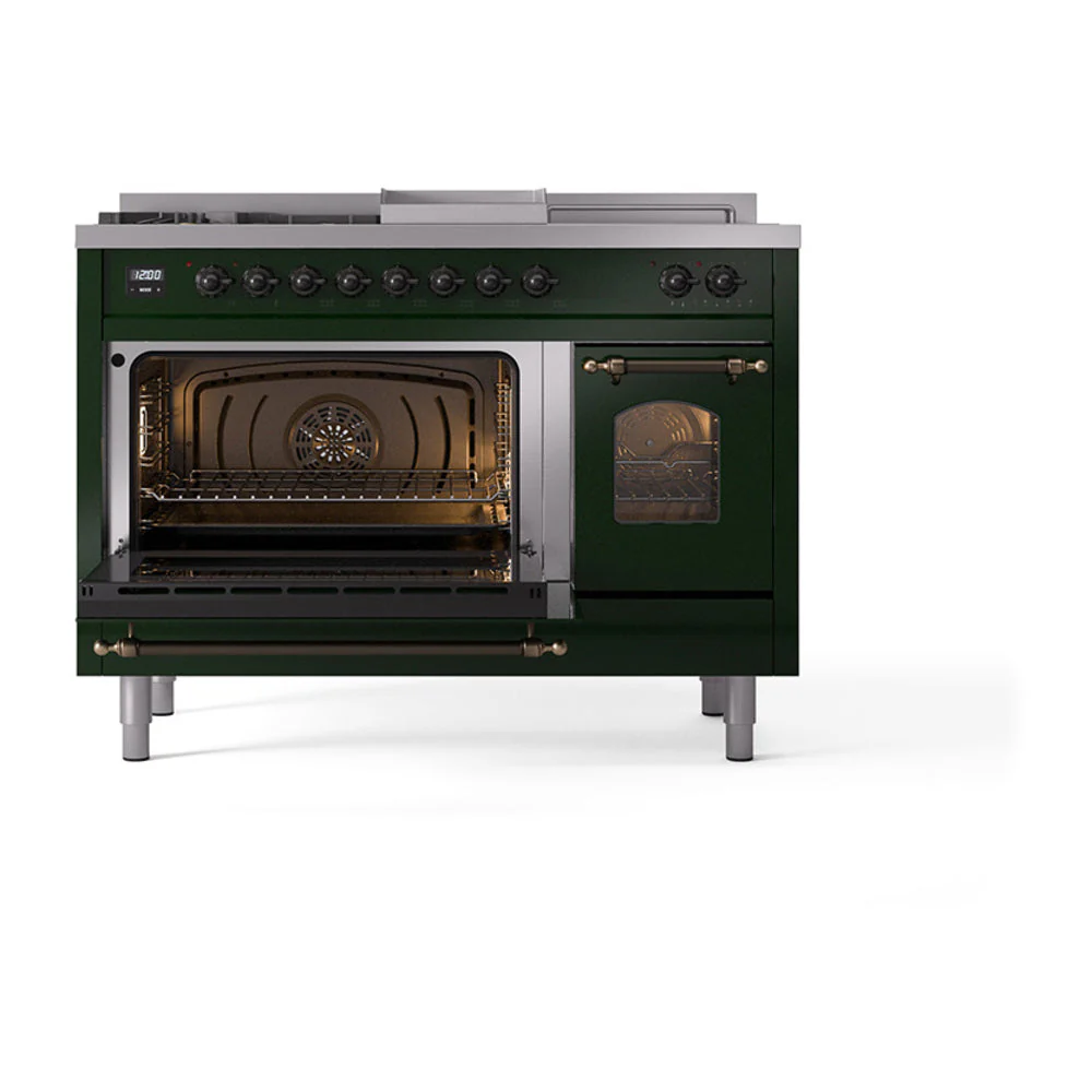 ILVE Nostalgie II 48-Inch Natural Gas Dual Fuel Range with 5 Burners, Griddle, & French Top with Triple Glass Door Oven in Emerald Green with Bronze Trim (UP48FSNMPEGB) - Image 8