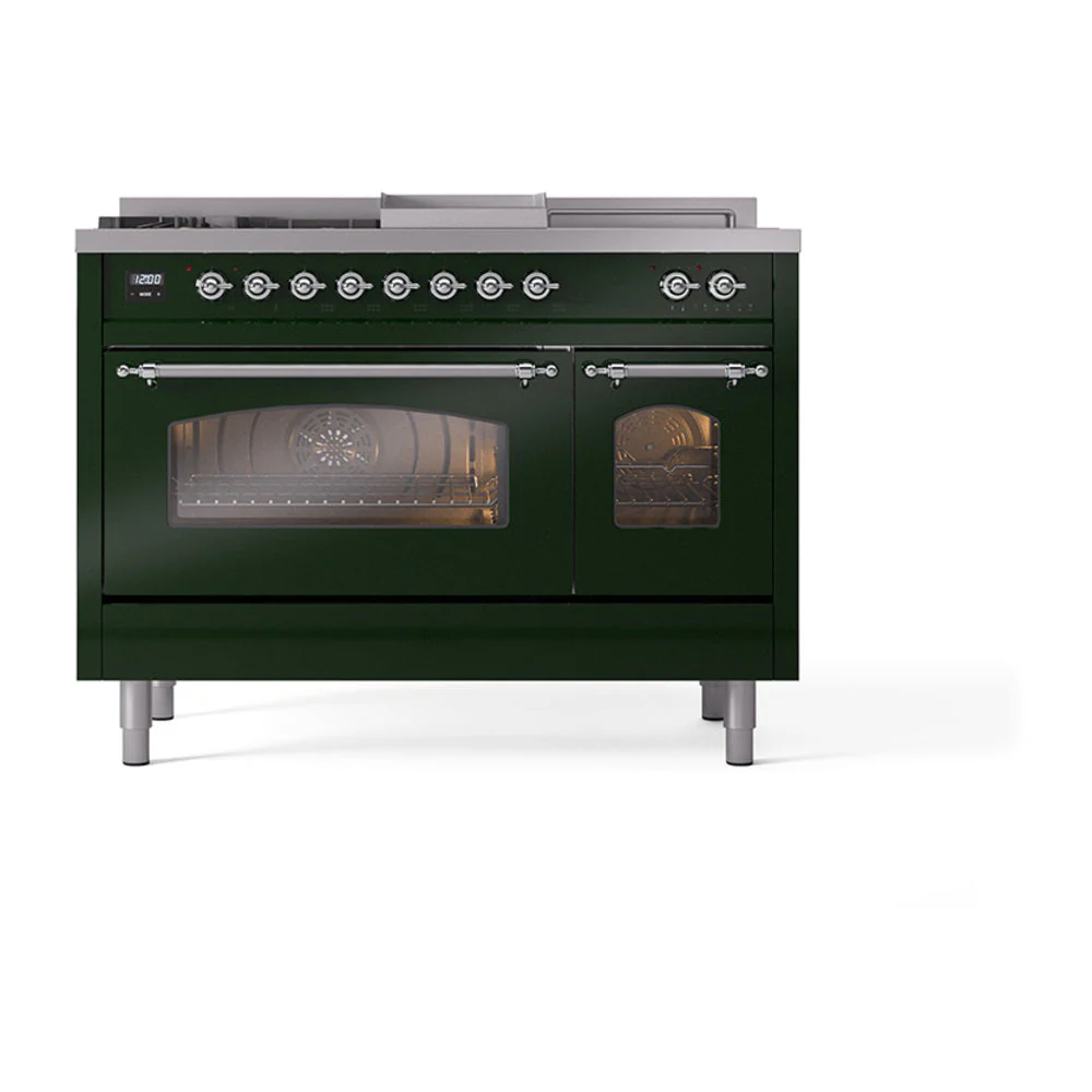 ILVE Nostalgie II 48-Inch Natural Gas Dual Fuel Range with 5 Burners, Griddle, & French Top with Triple Glass Door Oven in Emerald Green with Chrome Trim (UP48FSNMPEGC) - Image 2