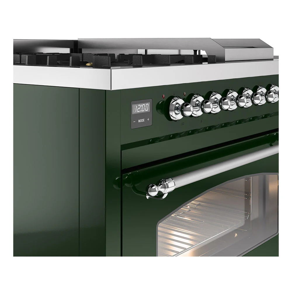 ILVE Nostalgie II 48-Inch Natural Gas Dual Fuel Range with 5 Burners, Griddle, & French Top with Triple Glass Door Oven in Emerald Green with Chrome Trim (UP48FSNMPEGC) - Image 3