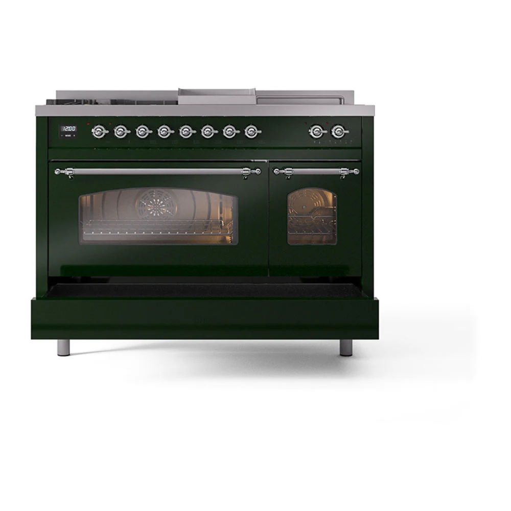 ILVE Nostalgie II 48-Inch Natural Gas Dual Fuel Range with 5 Burners, Griddle, & French Top with Triple Glass Door Oven in Emerald Green with Chrome Trim (UP48FSNMPEGC) - Image 6