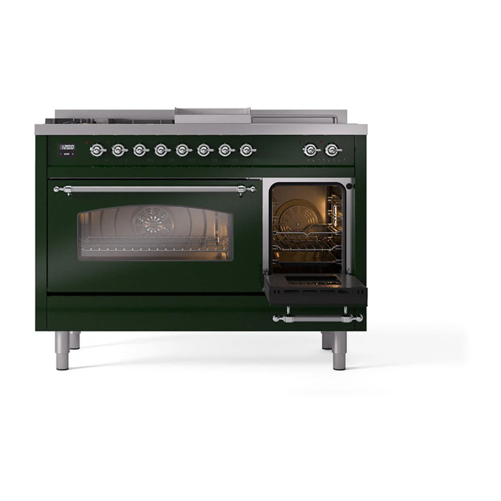 ILVE Nostalgie II 48-Inch Natural Gas Dual Fuel Range with 5 Burners, Griddle, & French Top with Triple Glass Door Oven in Emerald Green with Chrome Trim (UP48FSNMPEGC) - Image 8
