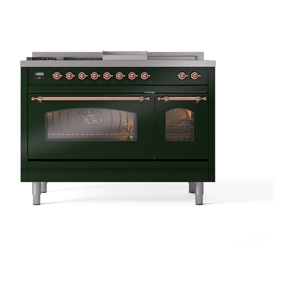 ILVE Nostalgie II 48-Inch Natural Gas Dual Fuel Range with 5 Burners, Griddle, & French Top with Triple Glass Door Oven in Emerald Green with Copper Trim (UP48FSNMPEGP) - Image 2