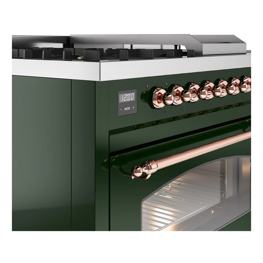 ILVE Nostalgie II 48-Inch Natural Gas Dual Fuel Range with 5 Burners, Griddle, & French Top with Triple Glass Door Oven in Emerald Green with Copper Trim (UP48FSNMPEGP) - Image 3