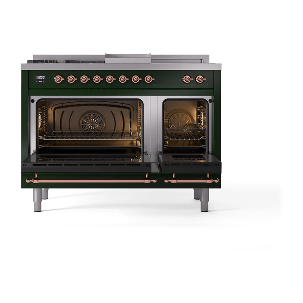 ILVE Nostalgie II 48-Inch Natural Gas Dual Fuel Range with 5 Burners, Griddle, & French Top with Triple Glass Door Oven in Emerald Green with Copper Trim (UP48FSNMPEGP) - Image 5