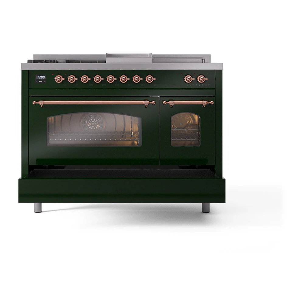 ILVE Nostalgie II 48-Inch Natural Gas Dual Fuel Range with 5 Burners, Griddle, & French Top with Triple Glass Door Oven in Emerald Green with Copper Trim (UP48FSNMPEGP) - Image 6