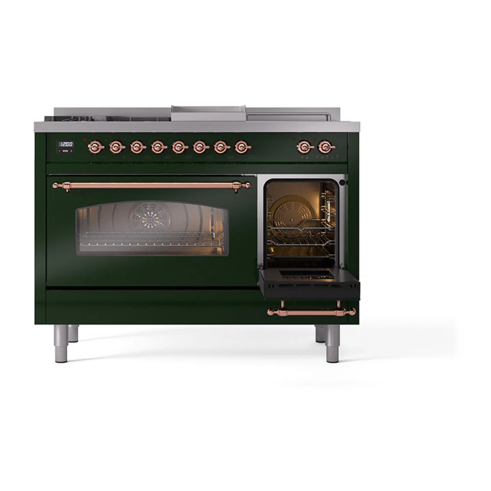 ILVE Nostalgie II 48-Inch Natural Gas Dual Fuel Range with 5 Burners, Griddle, & French Top with Triple Glass Door Oven in Emerald Green with Copper Trim (UP48FSNMPEGP) - Image 7