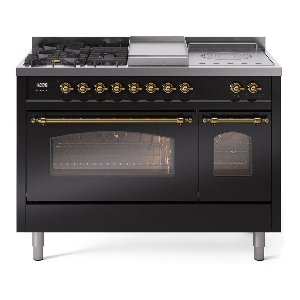 ILVE Nostalgie II 48-Inch Natural Gas Dual Fuel Range with 5 Burners, Griddle, & French Top with Triple Glass Door Oven in Glossy Black with Brass Trim (UP48FSNMPBKG) - Image 11