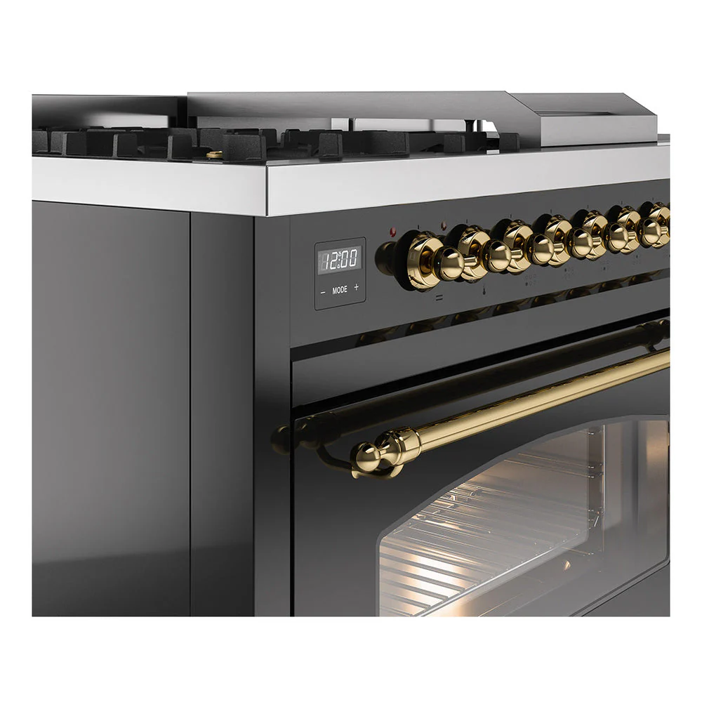 ILVE Nostalgie II 48-Inch Natural Gas Dual Fuel Range with 5 Burners, Griddle, & French Top with Triple Glass Door Oven in Glossy Black with Brass Trim (UP48FSNMPBKG) - Image 3