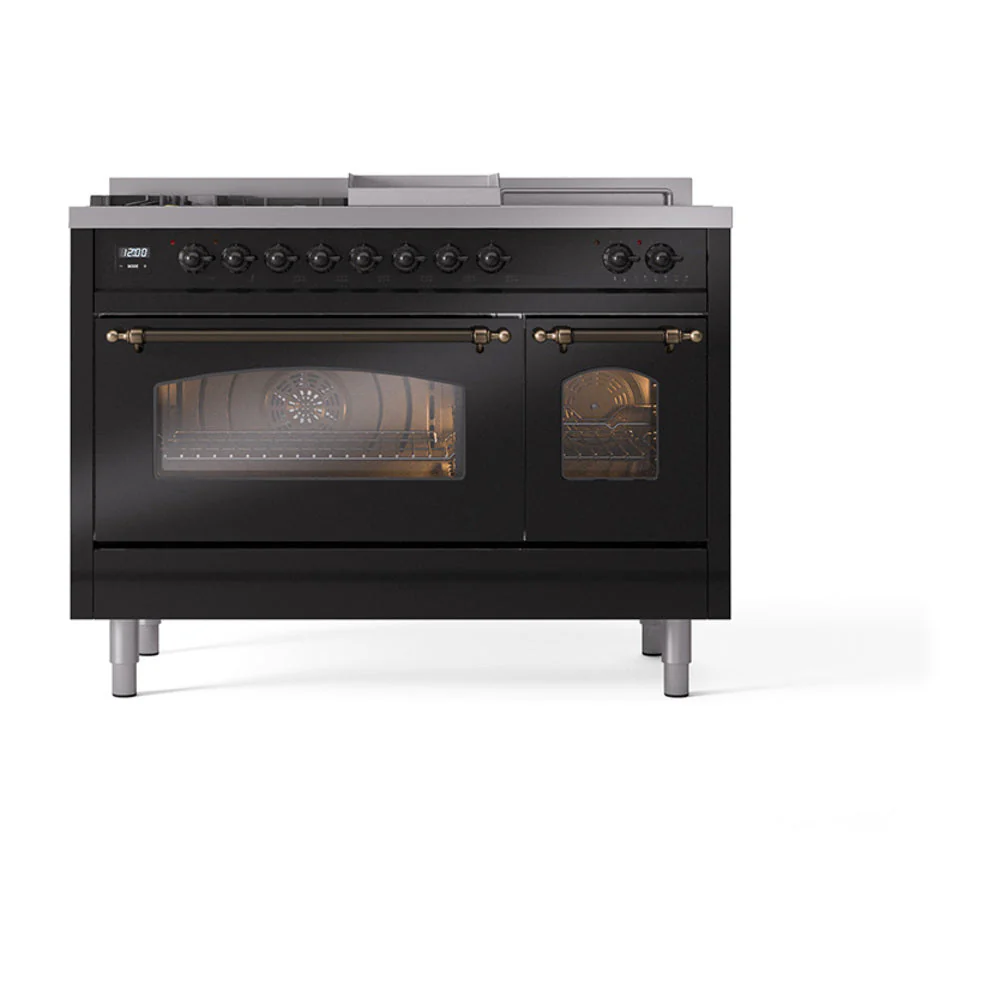ILVE Nostalgie II 48-Inch Natural Gas Dual Fuel Range with 5 Burners, Griddle, & French Top with Triple Glass Door Oven in Glossy Black with Bronze Trim (UP48FSNMPBKB) - Image 2