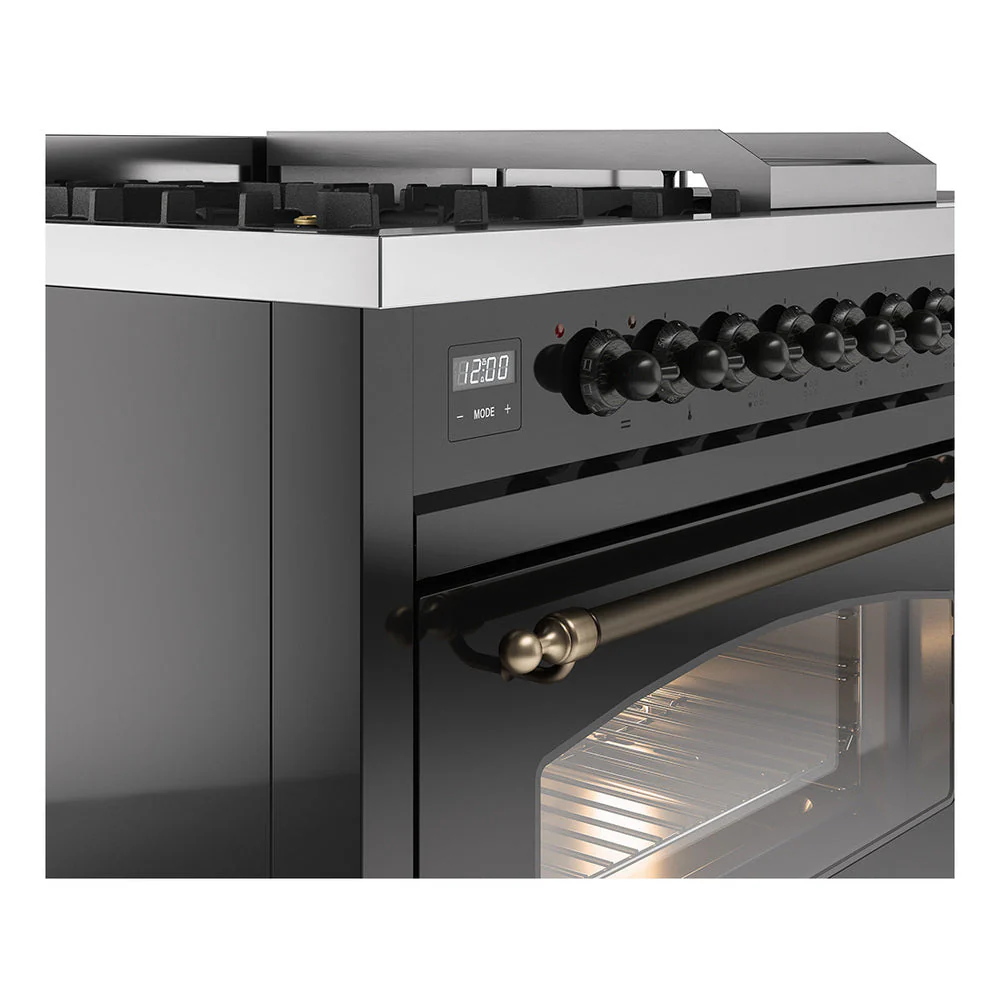 ILVE Nostalgie II 48-Inch Natural Gas Dual Fuel Range with 5 Burners, Griddle, & French Top with Triple Glass Door Oven in Glossy Black with Bronze Trim (UP48FSNMPBKB) - Image 3