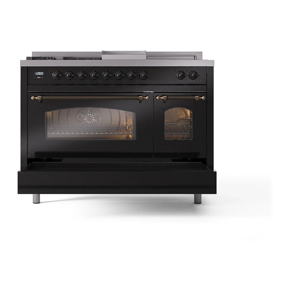 ILVE Nostalgie II 48-Inch Natural Gas Dual Fuel Range with 5 Burners, Griddle, & French Top with Triple Glass Door Oven in Glossy Black with Bronze Trim (UP48FSNMPBKB) - Image 6