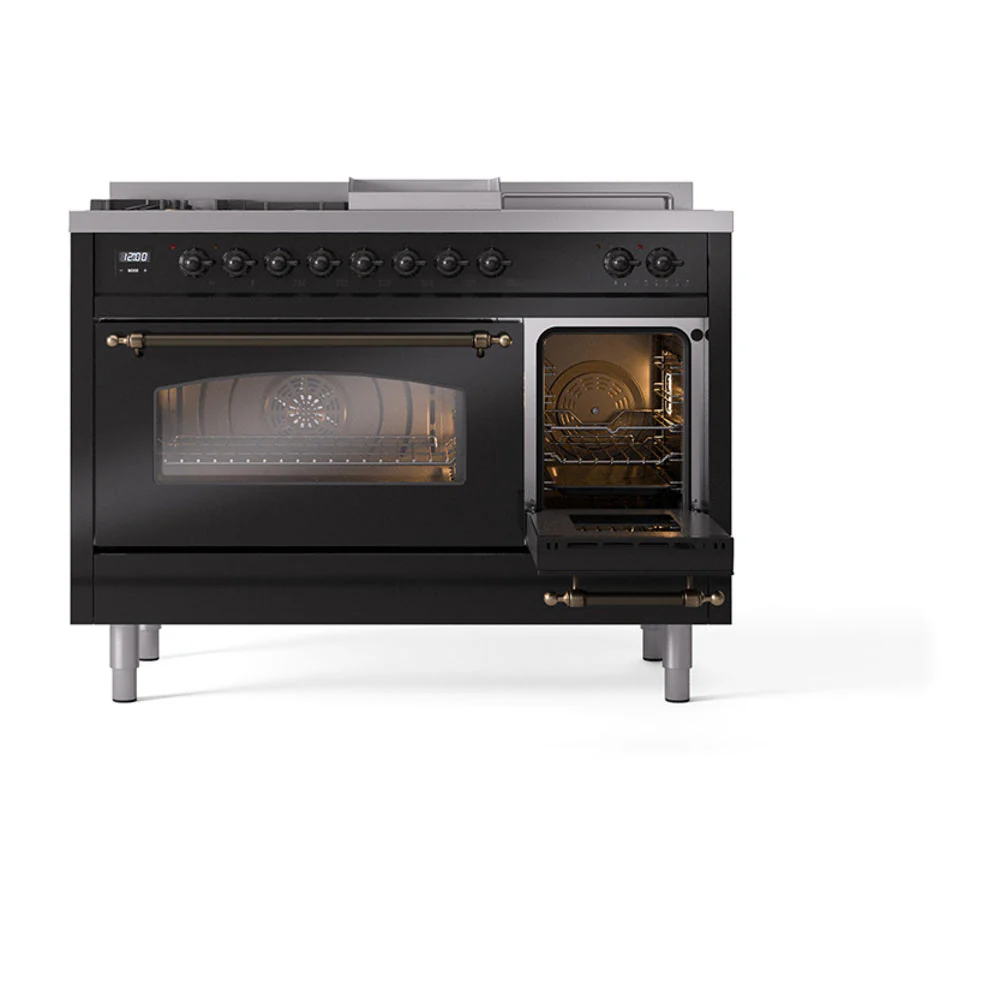 ILVE Nostalgie II 48-Inch Natural Gas Dual Fuel Range with 5 Burners, Griddle, & French Top with Triple Glass Door Oven in Glossy Black with Bronze Trim (UP48FSNMPBKB) - Image 7