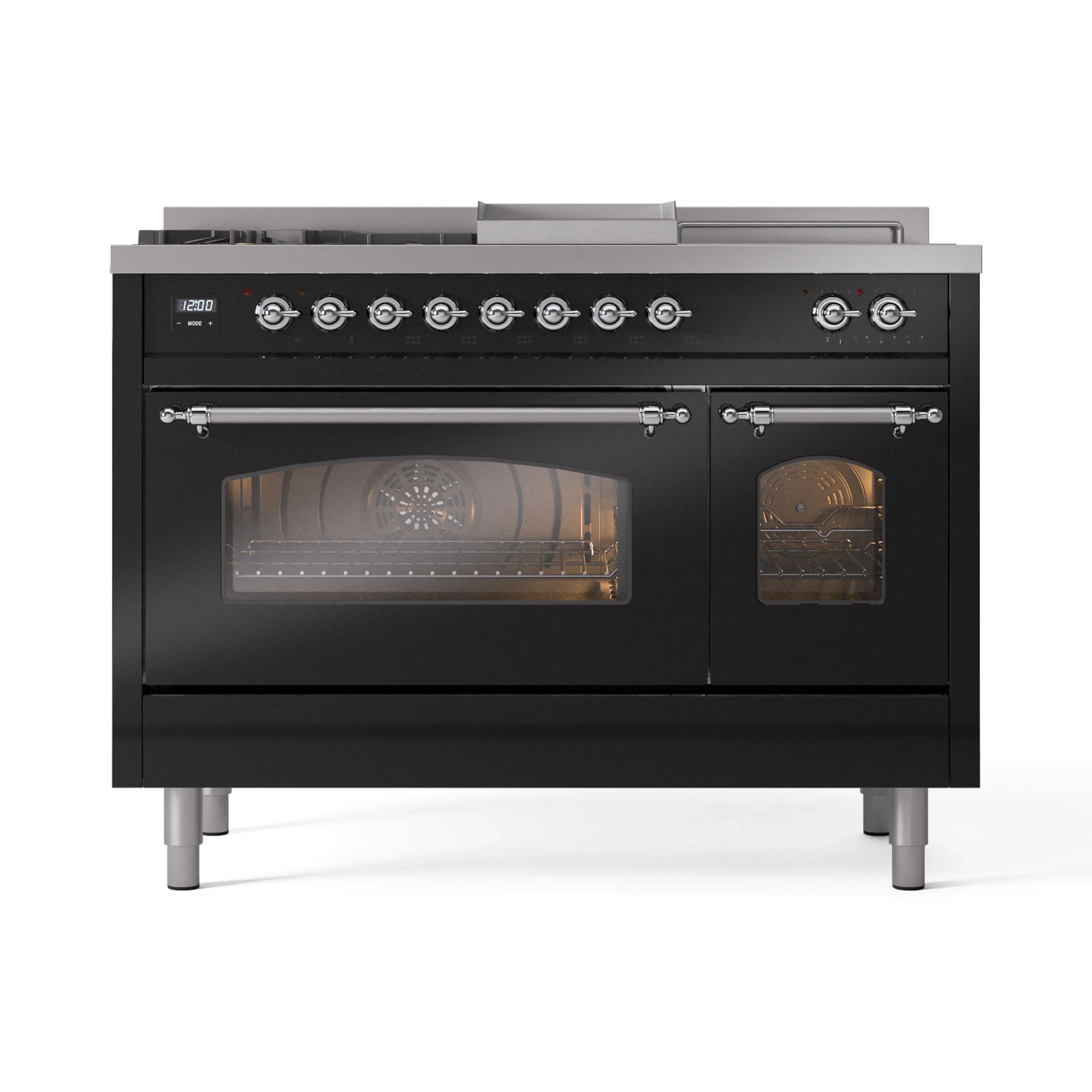 ILVE Nostalgie II 48-Inch Natural Gas Dual Fuel Range with 5 Burners, Griddle, & French Top with Triple Glass Door Oven in Glossy Black with Chrome Trim (UP48FSNMPBKC) - Image 2