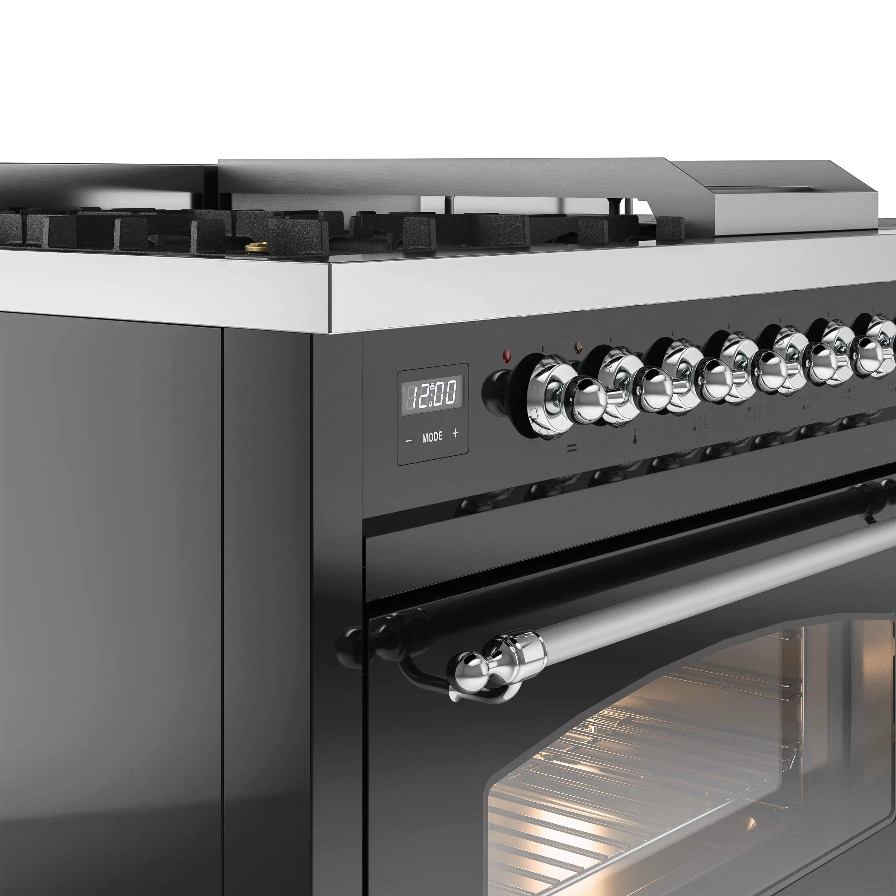 ILVE Nostalgie II 48-Inch Natural Gas Dual Fuel Range with 5 Burners, Griddle, & French Top with Triple Glass Door Oven in Glossy Black with Chrome Trim (UP48FSNMPBKC) - Image 3