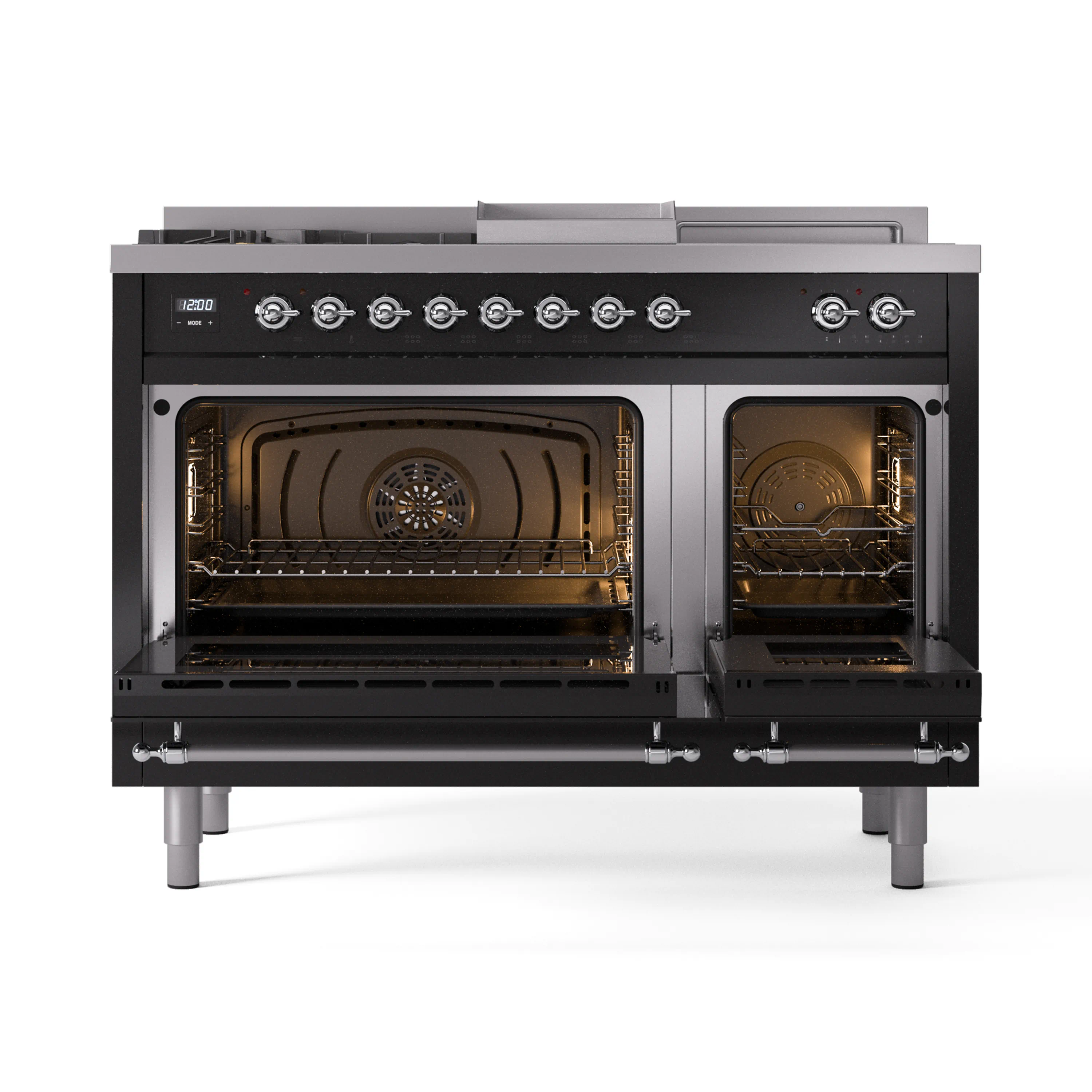 ILVE Nostalgie II 48-Inch Natural Gas Dual Fuel Range with 5 Burners, Griddle, & French Top with Triple Glass Door Oven in Glossy Black with Chrome Trim (UP48FSNMPBKC) - Image 5