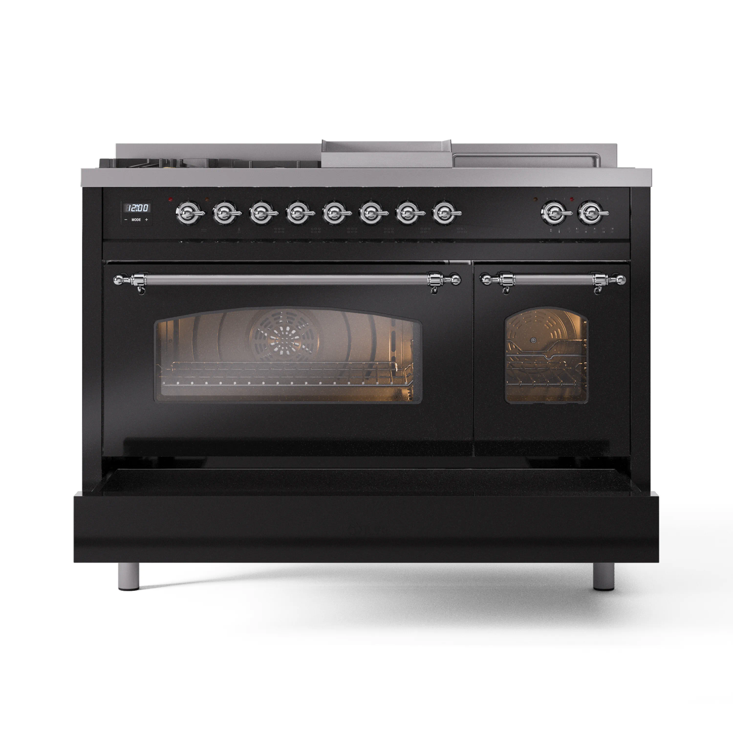 ILVE Nostalgie II 48-Inch Natural Gas Dual Fuel Range with 5 Burners, Griddle, & French Top with Triple Glass Door Oven in Glossy Black with Chrome Trim (UP48FSNMPBKC) - Image 6