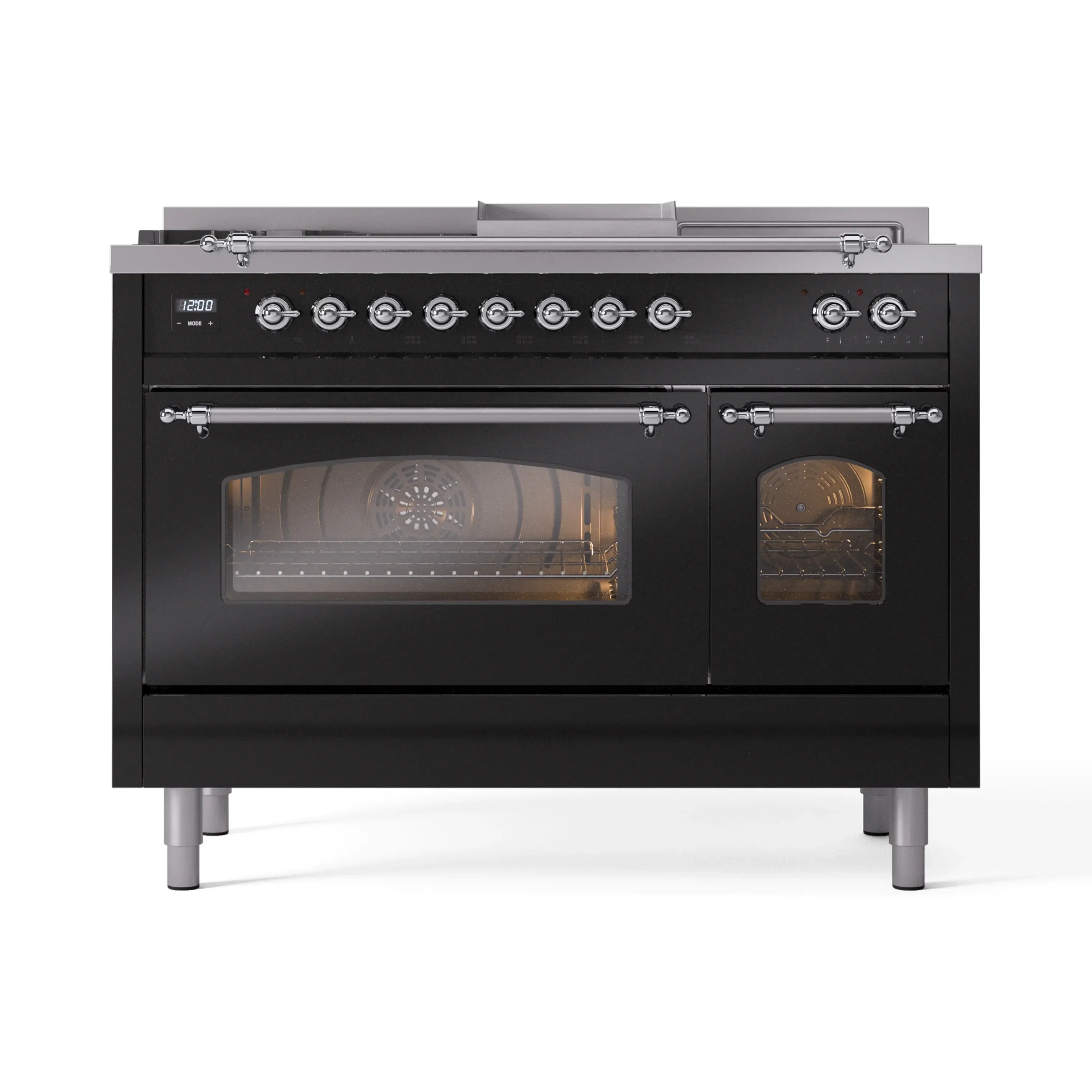 ILVE Nostalgie II 48-Inch Natural Gas Dual Fuel Range with 5 Burners, Griddle, & French Top with Triple Glass Door Oven in Glossy Black with Chrome Trim (UP48FSNMPBKC) - Image 7
