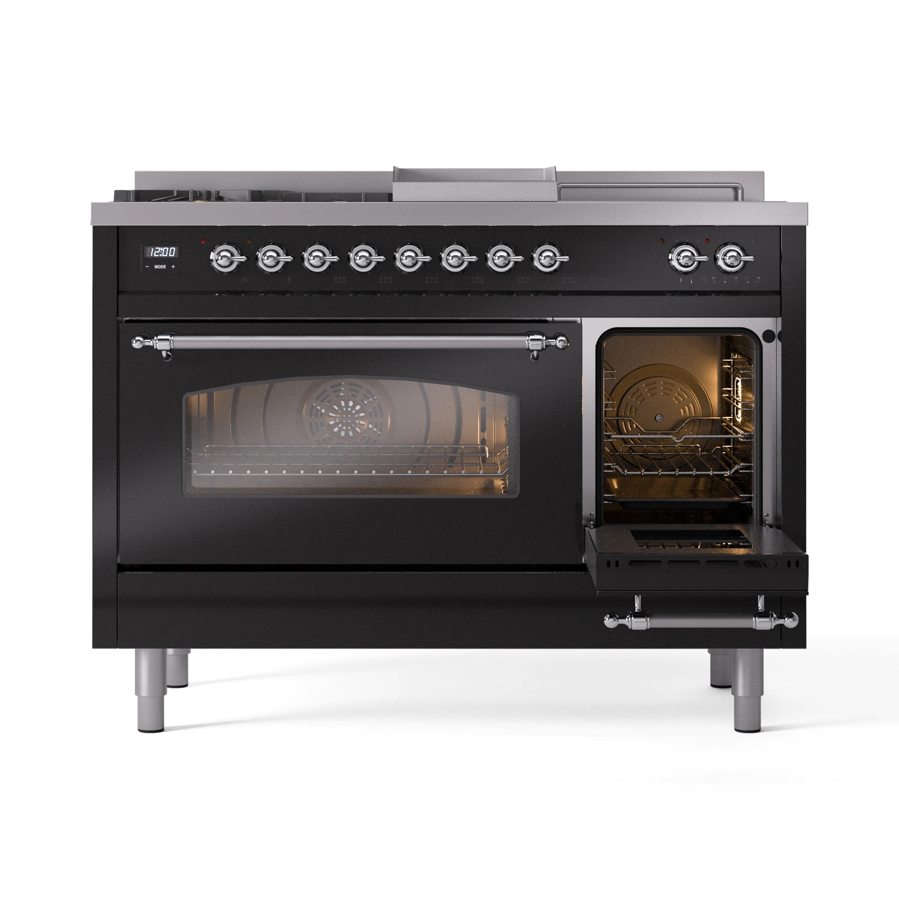 ILVE Nostalgie II 48-Inch Natural Gas Dual Fuel Range with 5 Burners, Griddle, & French Top with Triple Glass Door Oven in Glossy Black with Chrome Trim (UP48FSNMPBKC) - Image 8