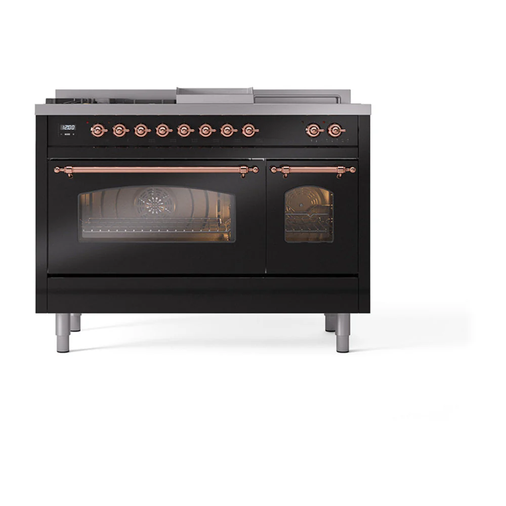 ILVE Nostalgie II 48-Inch Natural Gas Dual Fuel Range with 5 Burners, Griddle, & French Top with Triple Glass Door Oven in Glossy Black with Copper Trim (UP48FSNMPBKP) - Image 2