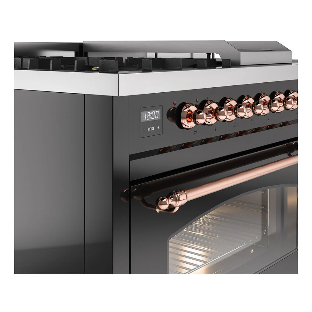 ILVE Nostalgie II 48-Inch Natural Gas Dual Fuel Range with 5 Burners, Griddle, & French Top with Triple Glass Door Oven in Glossy Black with Copper Trim (UP48FSNMPBKP) - Image 3
