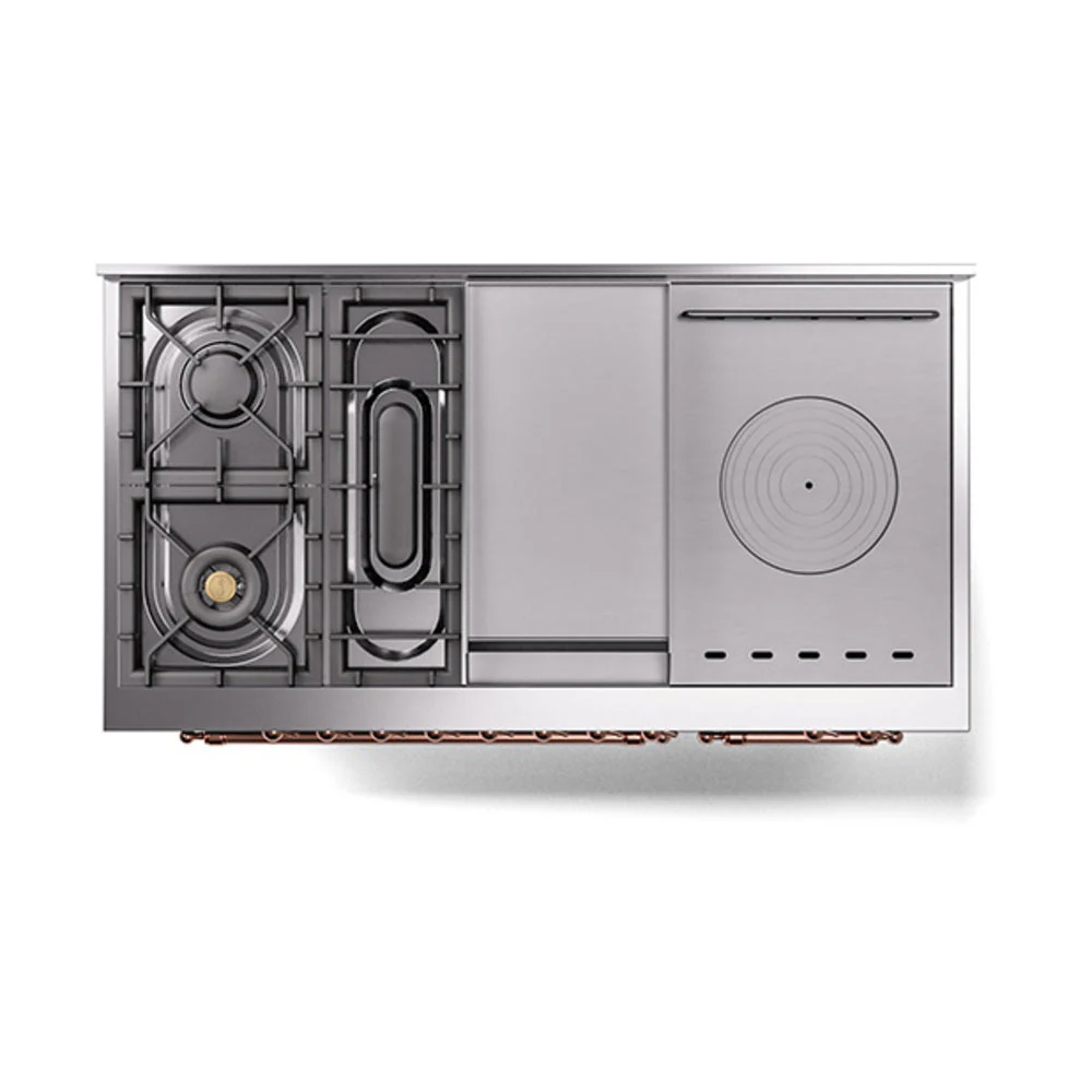 ILVE Nostalgie II 48-Inch Natural Gas Dual Fuel Range with 5 Burners, Griddle, & French Top with Triple Glass Door Oven in Glossy Black with Copper Trim (UP48FSNMPBKP) - Image 4