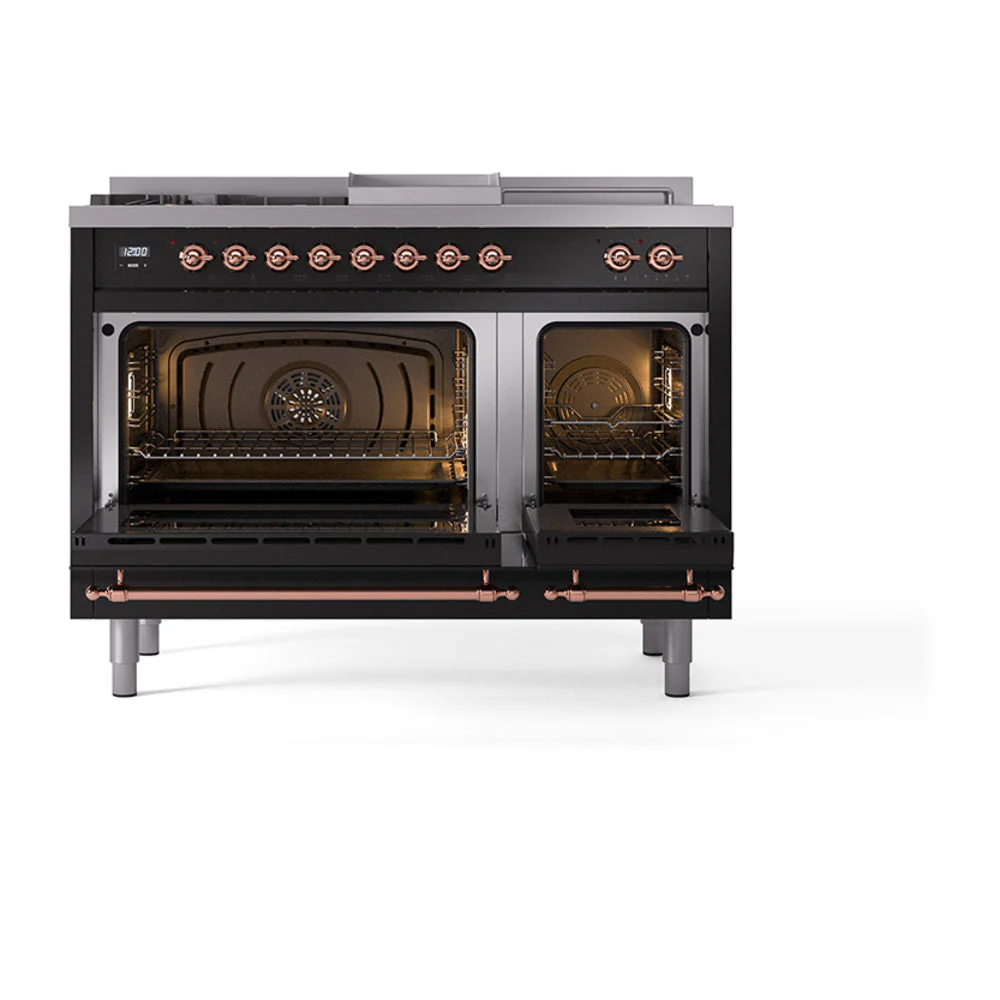 ILVE Nostalgie II 48-Inch Natural Gas Dual Fuel Range with 5 Burners, Griddle, & French Top with Triple Glass Door Oven in Glossy Black with Copper Trim (UP48FSNMPBKP) - Image 5