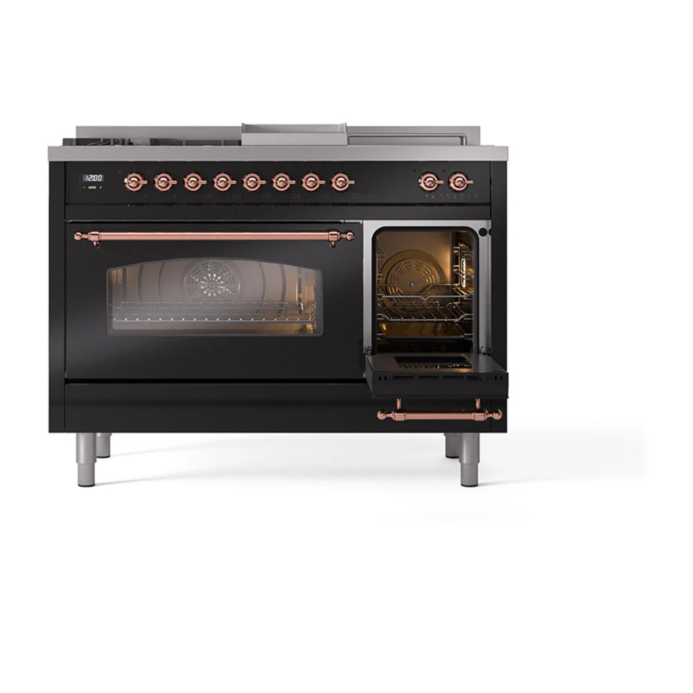 ILVE Nostalgie II 48-Inch Natural Gas Dual Fuel Range with 5 Burners, Griddle, & French Top with Triple Glass Door Oven in Glossy Black with Copper Trim (UP48FSNMPBKP) - Image 6