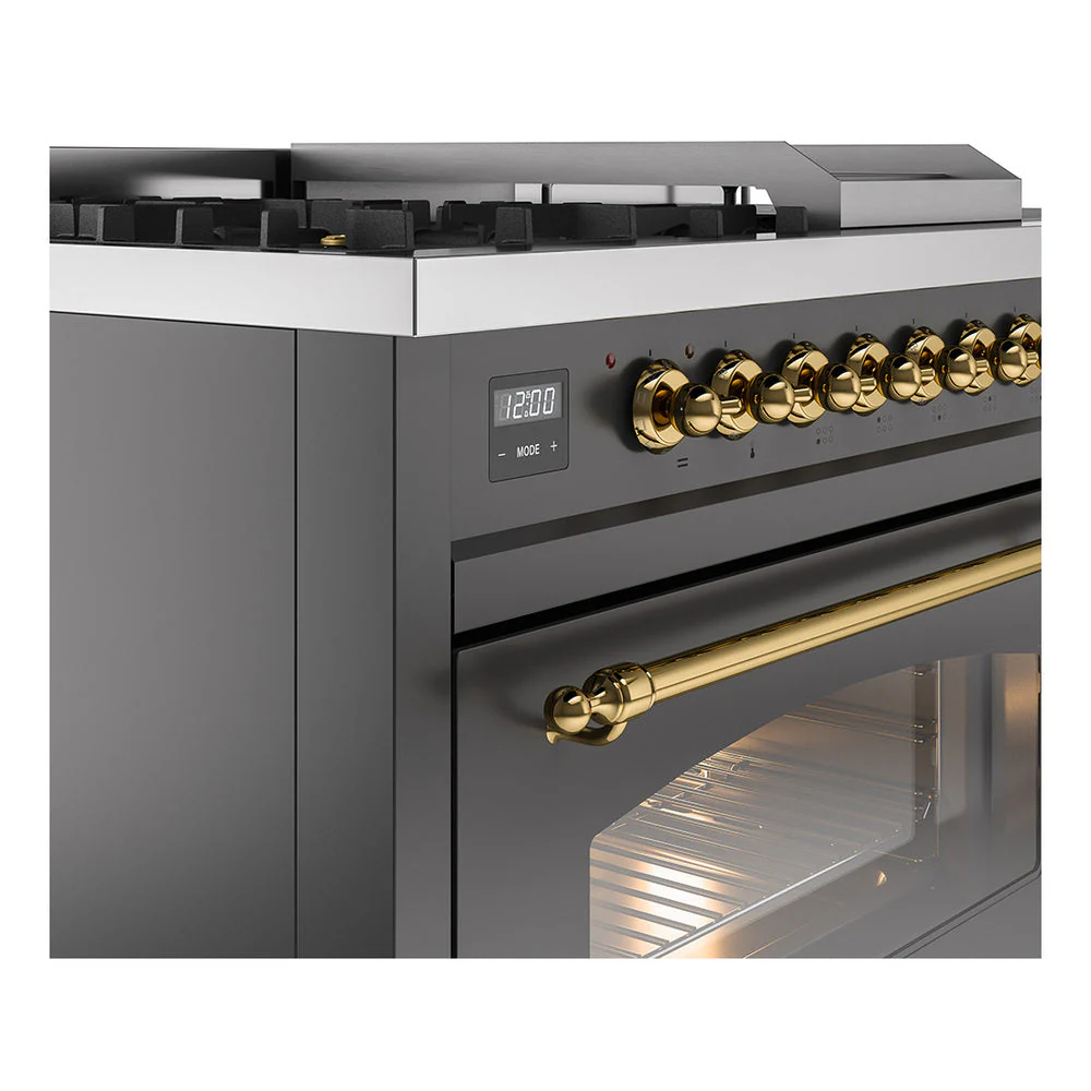 ILVE Nostalgie II 48-Inch Natural Gas Dual Fuel Range with 5 Burners, Griddle, & French Top with Triple Glass Door Oven in Matte Graphite with Brass Trim (UP48FSNMPMGG) - Image 3