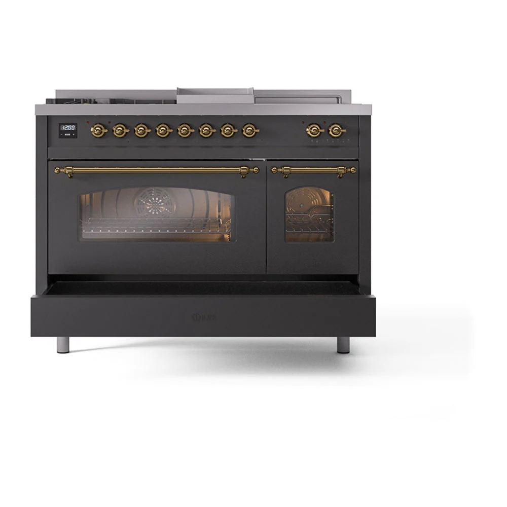 ILVE Nostalgie II 48-Inch Natural Gas Dual Fuel Range with 5 Burners, Griddle, & French Top with Triple Glass Door Oven in Matte Graphite with Brass Trim (UP48FSNMPMGG) - Image 6