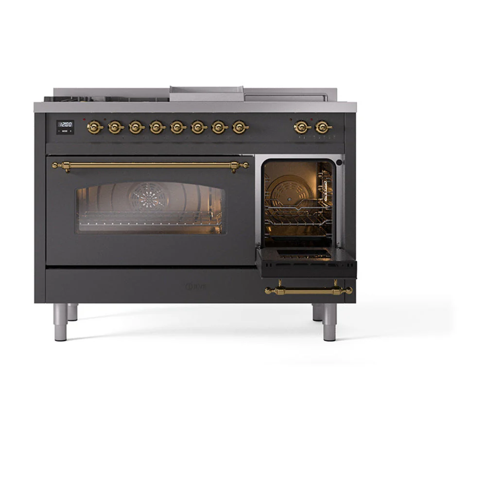ILVE Nostalgie II 48-Inch Natural Gas Dual Fuel Range with 5 Burners, Griddle, & French Top with Triple Glass Door Oven in Matte Graphite with Brass Trim (UP48FSNMPMGG) - Image 7