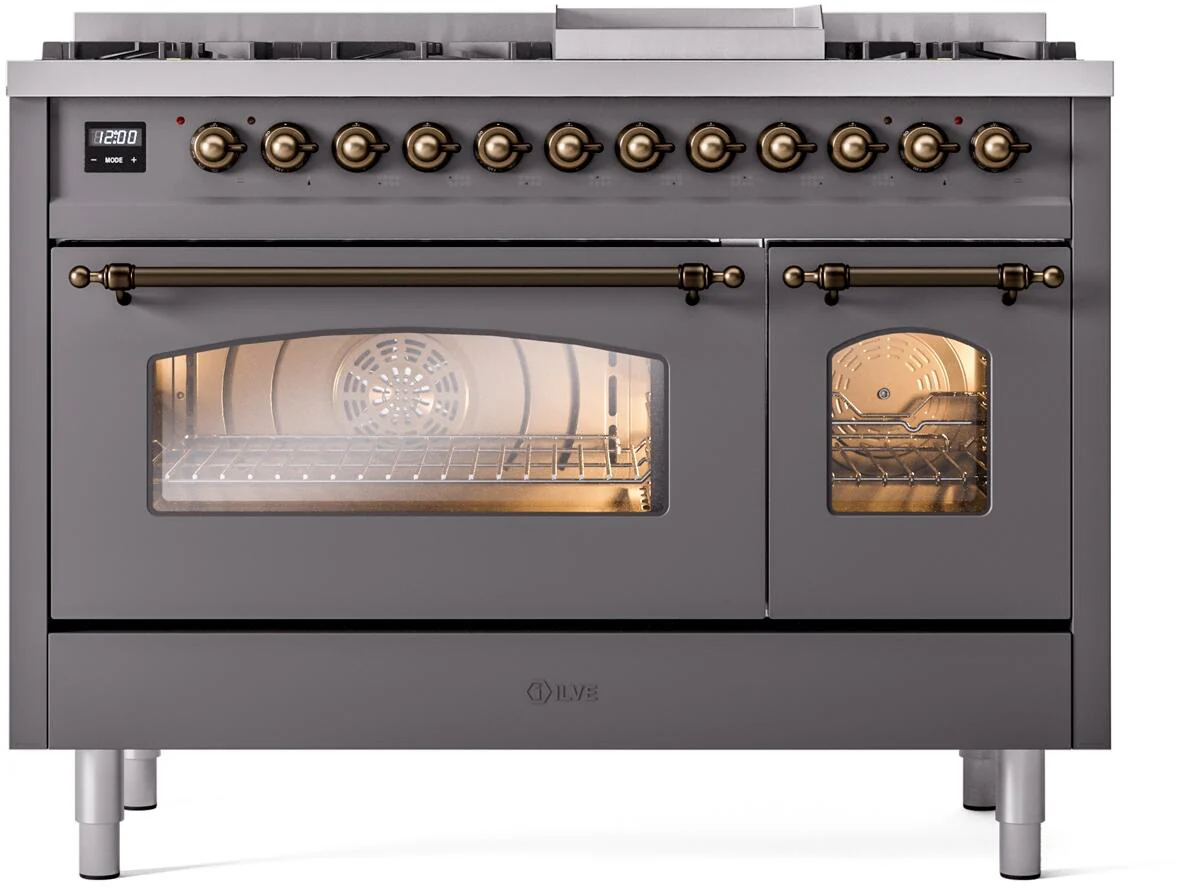 ILVE Nostalgie II 48-Inch Freestanding Natural Gas Dual Fuel Range in Matte Graphite with Bronze Trim (UP48FNMPMGB) - Image 2