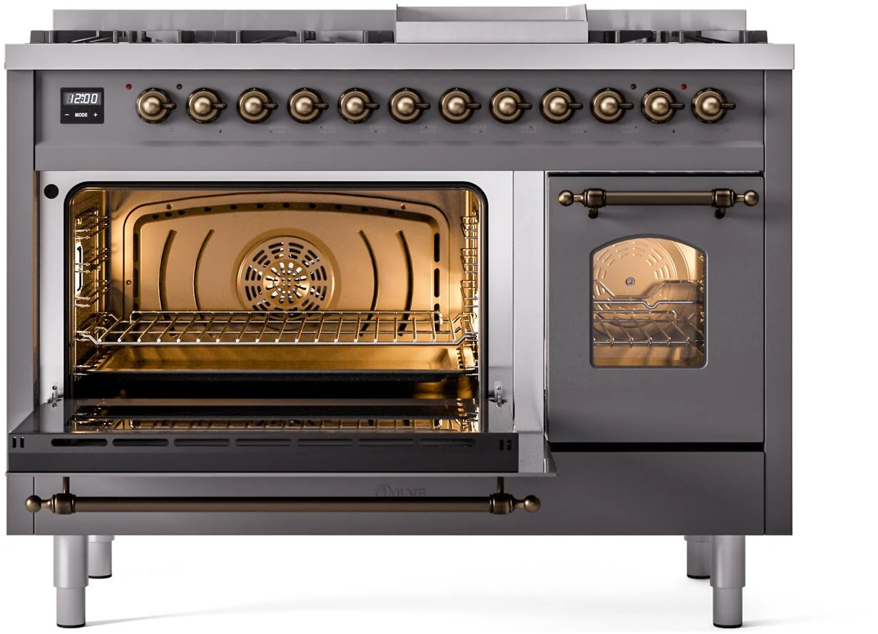 ILVE Nostalgie II 48-Inch Freestanding Natural Gas Dual Fuel Range in Matte Graphite with Bronze Trim (UP48FNMPMGB) - Image 3
