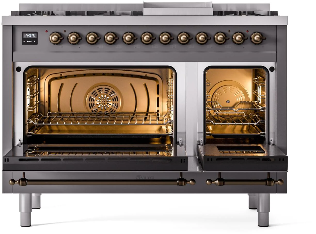 ILVE Nostalgie II 48-Inch Freestanding Natural Gas Dual Fuel Range in Matte Graphite with Bronze Trim (UP48FNMPMGB) - Image 4