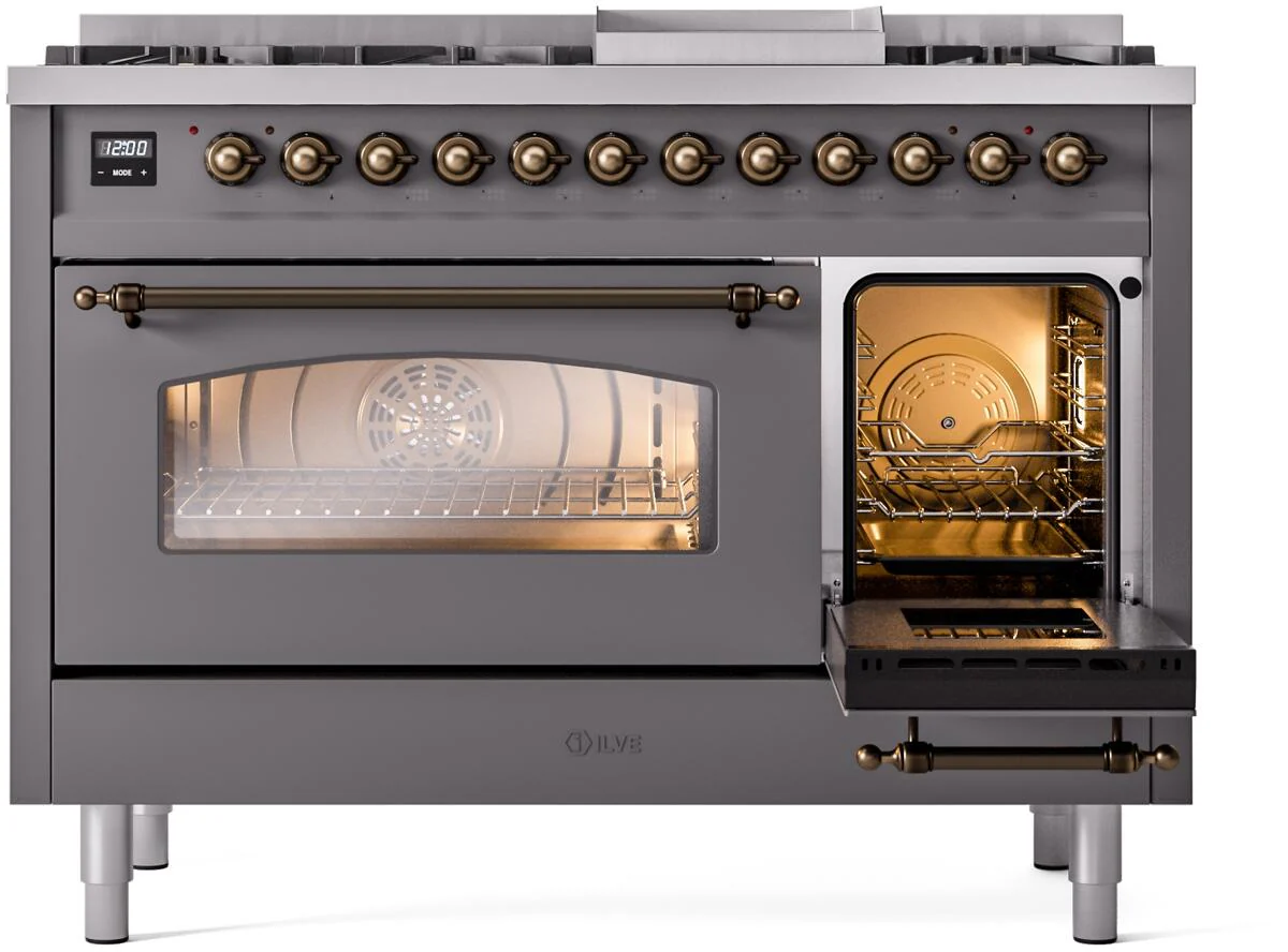 ILVE Nostalgie II 48-Inch Freestanding Natural Gas Dual Fuel Range in Matte Graphite with Bronze Trim (UP48FNMPMGB) - Image 5