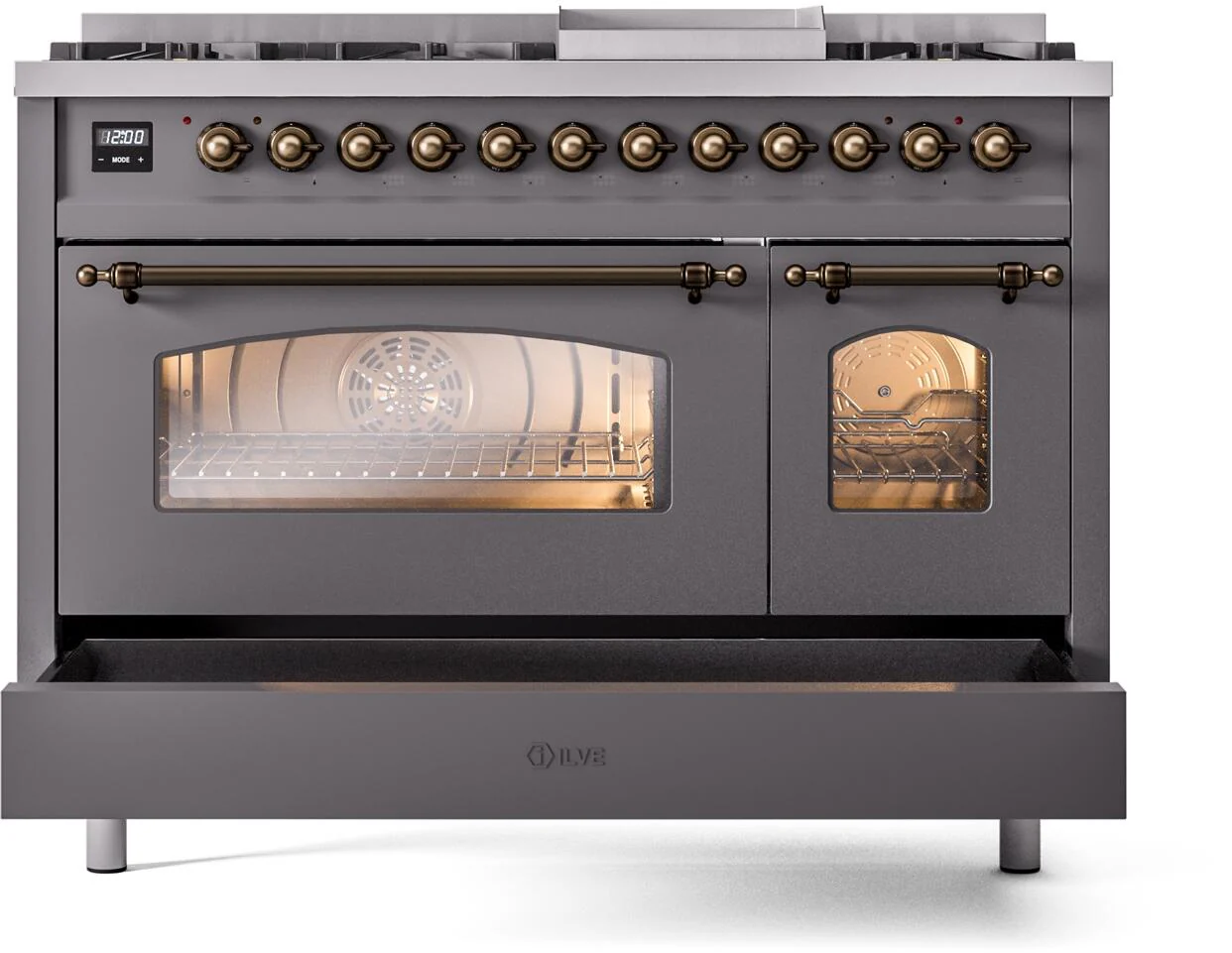 ILVE Nostalgie II 48-Inch Freestanding Natural Gas Dual Fuel Range in Matte Graphite with Bronze Trim (UP48FNMPMGB) - Image 6