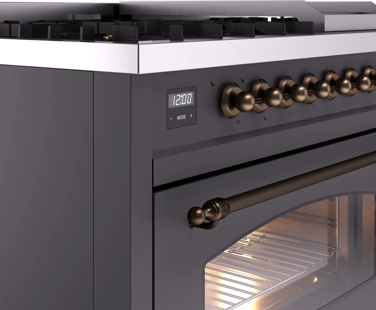 ILVE Nostalgie II 48-Inch Freestanding Natural Gas Dual Fuel Range in Matte Graphite with Bronze Trim (UP48FNMPMGB) - Image 7