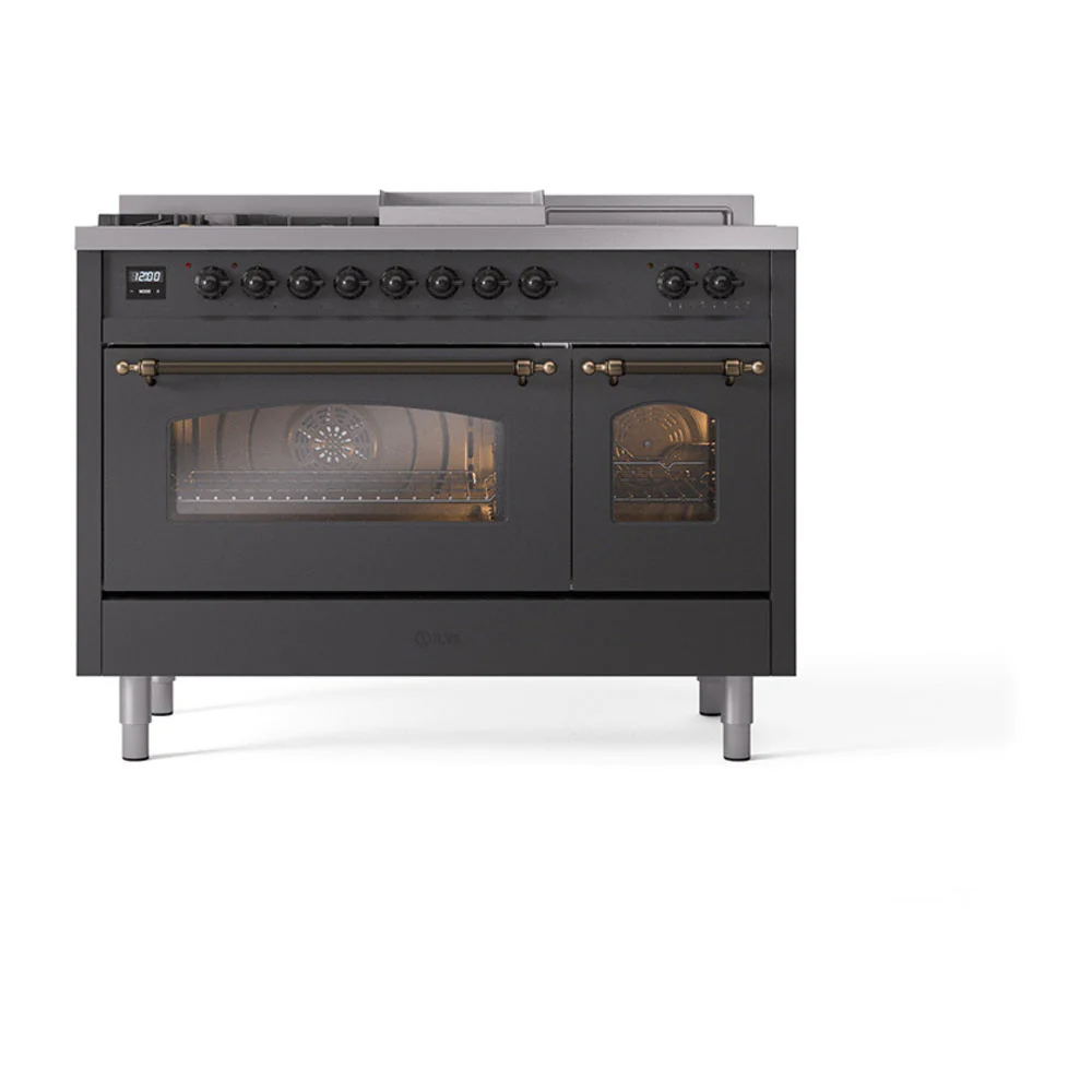 ILVE Nostalgie II 48-Inch Natural Gas Dual Fuel Range with 5 Burners, Griddle, & French Top with Triple Glass Door Oven in Matte Graphite with Bronze Trim (UP48FSNMPMGB) - Image 2