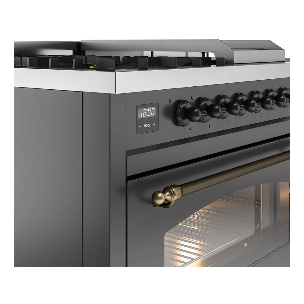 ILVE Nostalgie II 48-Inch Natural Gas Dual Fuel Range with 5 Burners, Griddle, & French Top with Triple Glass Door Oven in Matte Graphite with Bronze Trim (UP48FSNMPMGB) - Image 3