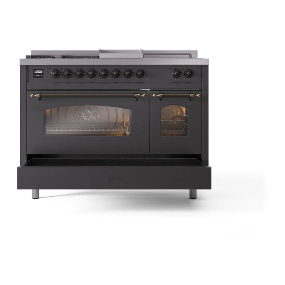 ILVE Nostalgie II 48-Inch Natural Gas Dual Fuel Range with 5 Burners, Griddle, & French Top with Triple Glass Door Oven in Matte Graphite with Bronze Trim (UP48FSNMPMGB) - Image 6