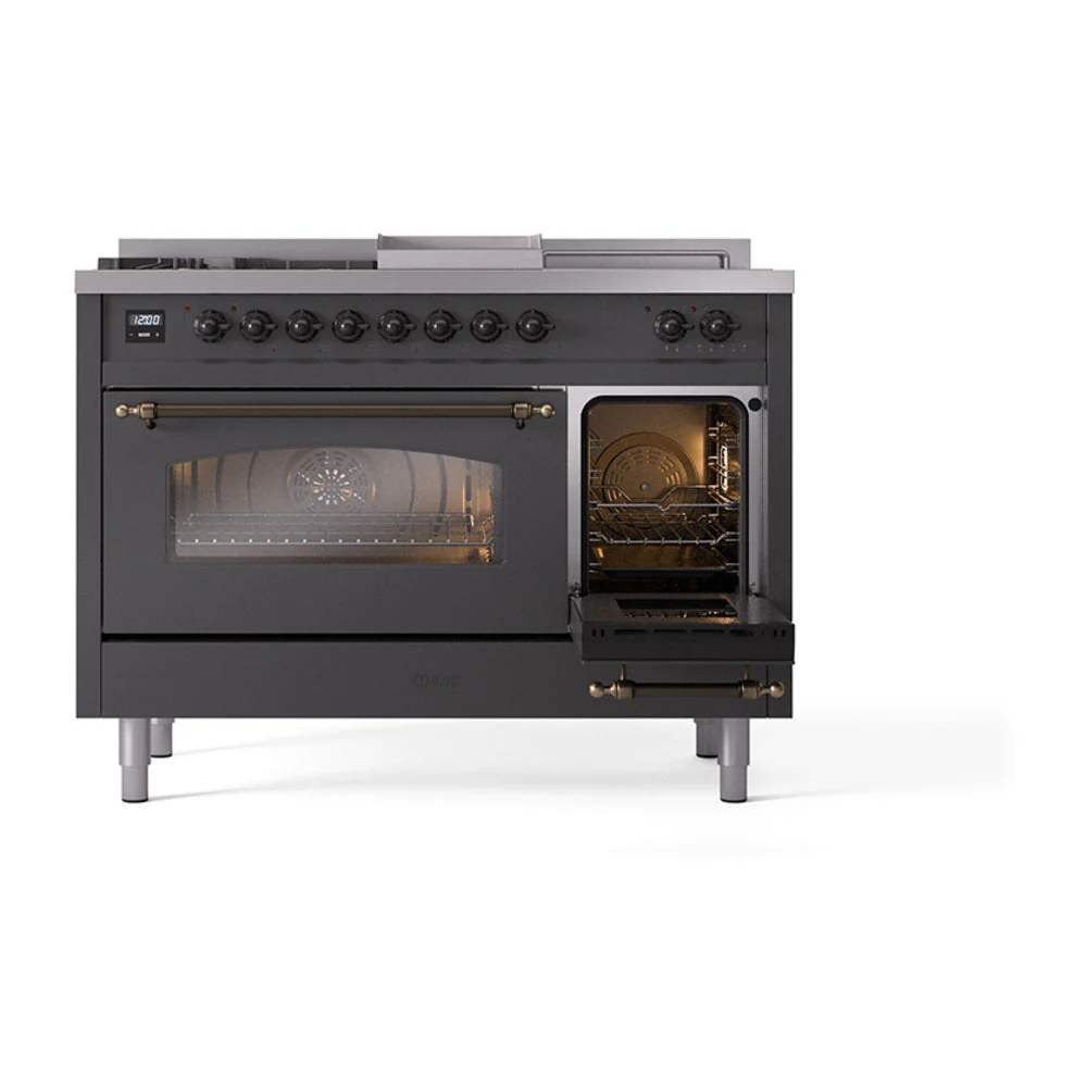 ILVE Nostalgie II 48-Inch Natural Gas Dual Fuel Range with 5 Burners, Griddle, & French Top with Triple Glass Door Oven in Matte Graphite with Bronze Trim (UP48FSNMPMGB) - Image 7