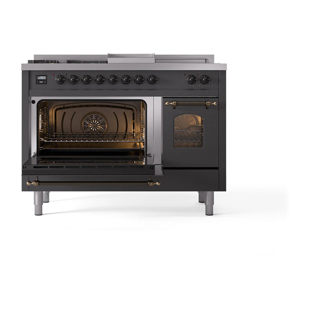 ILVE Nostalgie II 48-Inch Natural Gas Dual Fuel Range with 5 Burners, Griddle, & French Top with Triple Glass Door Oven in Matte Graphite with Bronze Trim (UP48FSNMPMGB) - Image 8