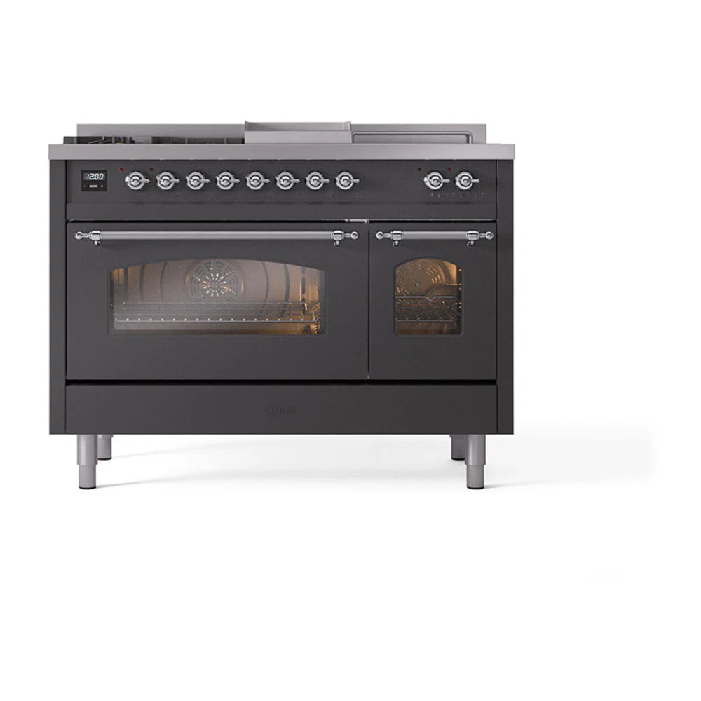 ILVE Nostalgie II 48-Inch Natural Gas Dual Fuel Range with 5 Burners, Griddle, & French Top with Triple Glass Door Oven in Matte Graphite with Chrome Trim (UP48FSNMPMGC) - Image 2