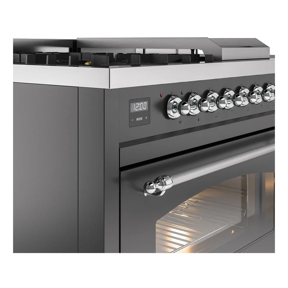 ILVE Nostalgie II 48-Inch Natural Gas Dual Fuel Range with 5 Burners, Griddle, & French Top with Triple Glass Door Oven in Matte Graphite with Chrome Trim (UP48FSNMPMGC) - Image 3