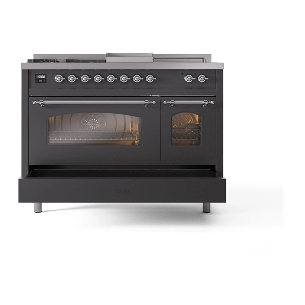 ILVE Nostalgie II 48-Inch Natural Gas Dual Fuel Range with 5 Burners, Griddle, & French Top with Triple Glass Door Oven in Matte Graphite with Chrome Trim (UP48FSNMPMGC) - Image 6