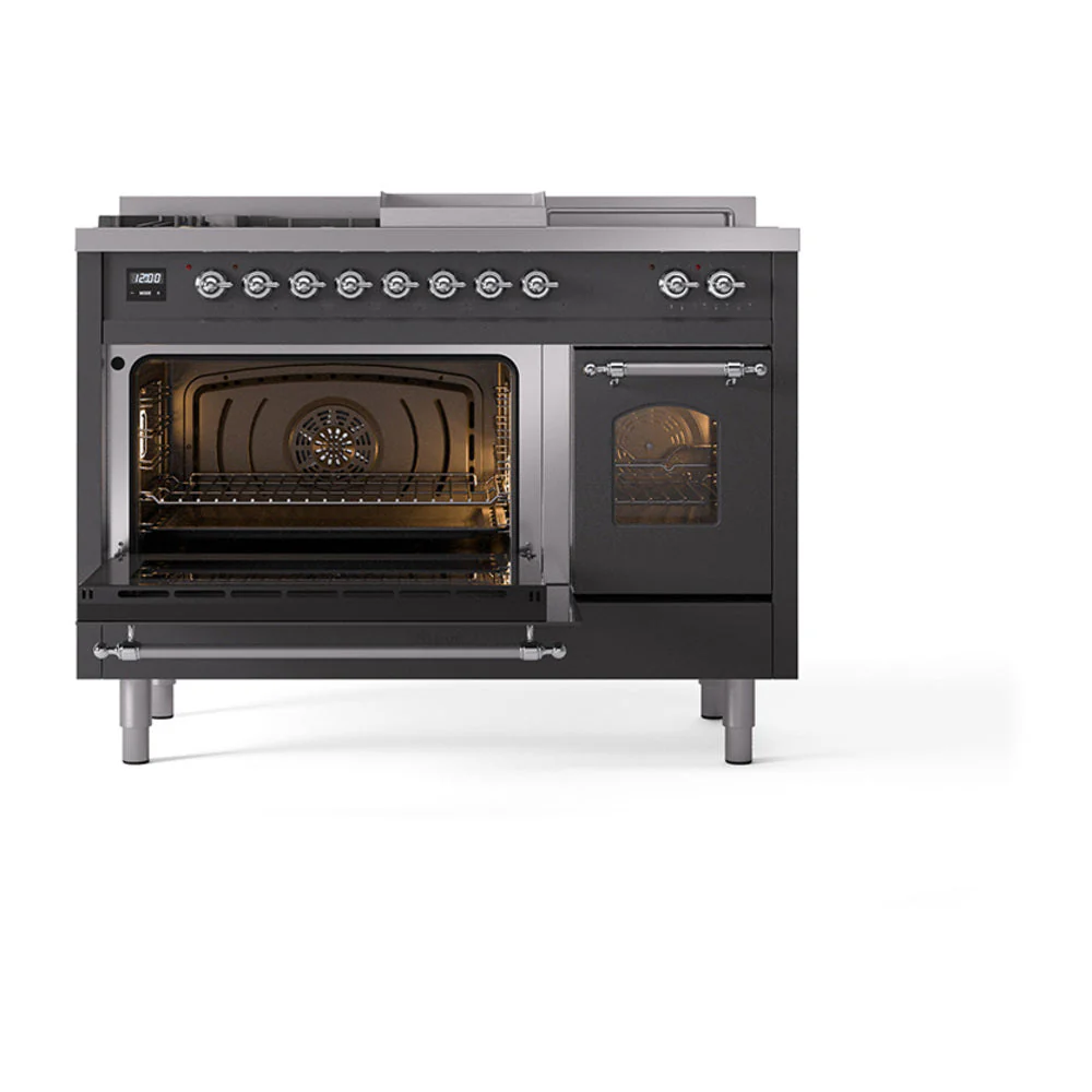 ILVE Nostalgie II 48-Inch Natural Gas Dual Fuel Range with 5 Burners, Griddle, & French Top with Triple Glass Door Oven in Matte Graphite with Chrome Trim (UP48FSNMPMGC) - Image 7