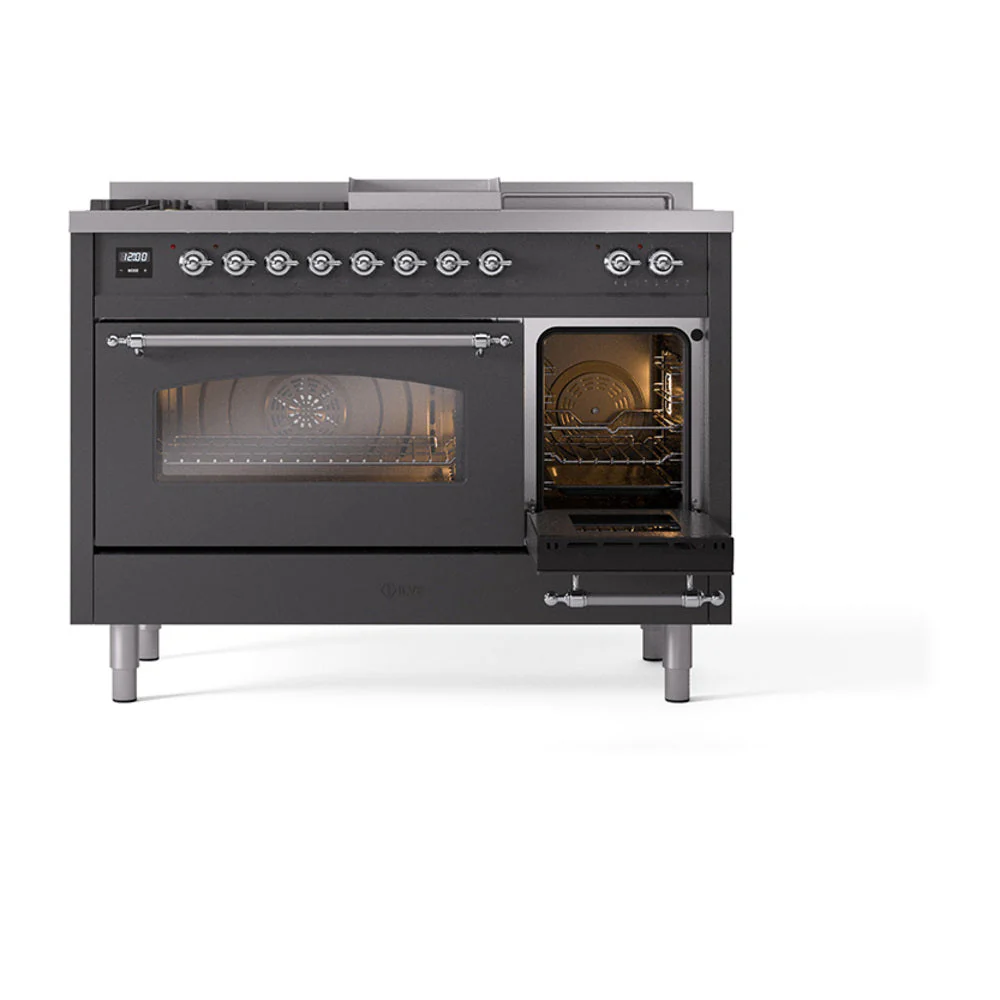 ILVE Nostalgie II 48-Inch Natural Gas Dual Fuel Range with 5 Burners, Griddle, & French Top with Triple Glass Door Oven in Matte Graphite with Chrome Trim (UP48FSNMPMGC) - Image 8
