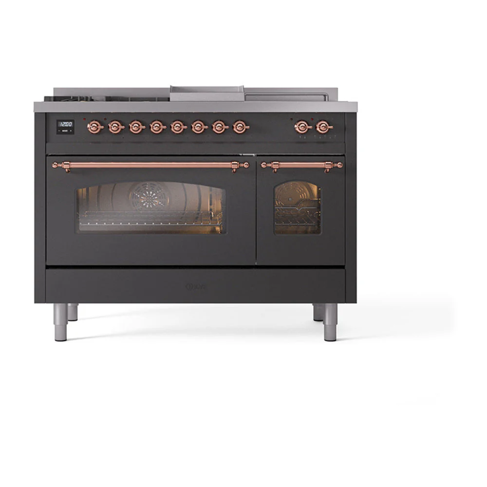 ILVE Nostalgie II 48-Inch Natural Gas Dual Fuel Range with 5 Burners, Griddle, & French Top with Triple Glass Door Oven in Matte Graphite with Copper Trim (UP48FSNMPMGP) - Image 2