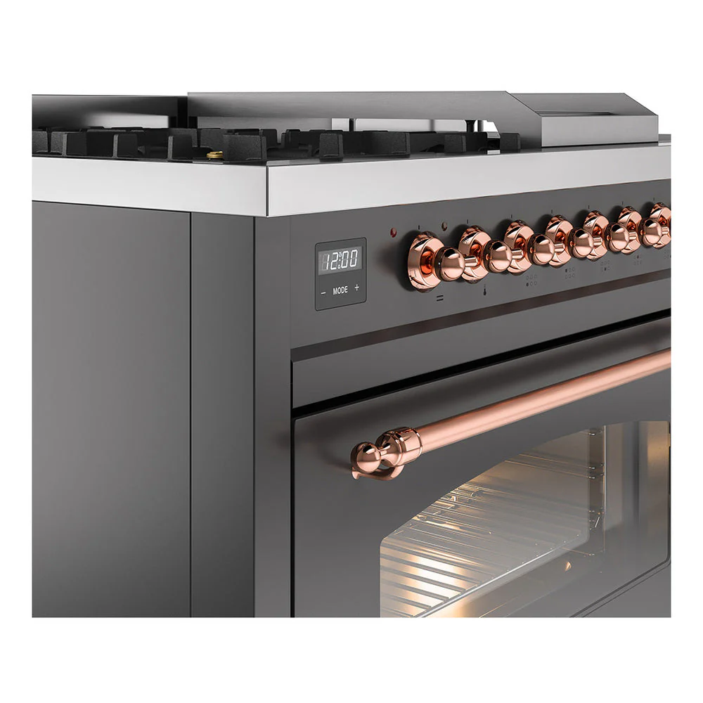 ILVE Nostalgie II 48-Inch Natural Gas Dual Fuel Range with 5 Burners, Griddle, & French Top with Triple Glass Door Oven in Matte Graphite with Copper Trim (UP48FSNMPMGP) - Image 3