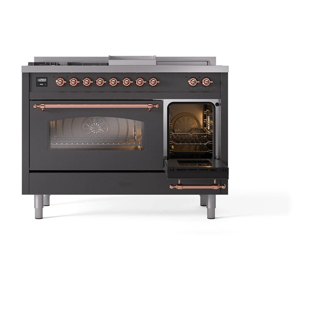 ILVE Nostalgie II 48-Inch Natural Gas Dual Fuel Range with 5 Burners, Griddle, & French Top with Triple Glass Door Oven in Matte Graphite with Copper Trim (UP48FSNMPMGP) - Image 7